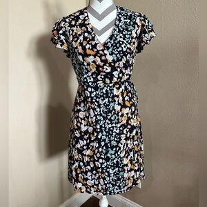 BLUE RAIN Women’s Navy Blue Printed Wrap Dress with Ruffle tiered sleeves, EUC!